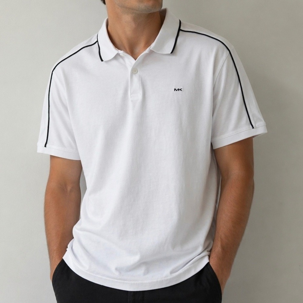 Michael Kors Mens Greenwich White 100% Cotton Polo Shirt Black Piping MK Logo XL
